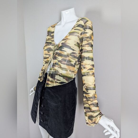 Twik Sheer Mesh Tie Front Long Sleeve Camo Crop Top Size Medium - Picture 2 of 11